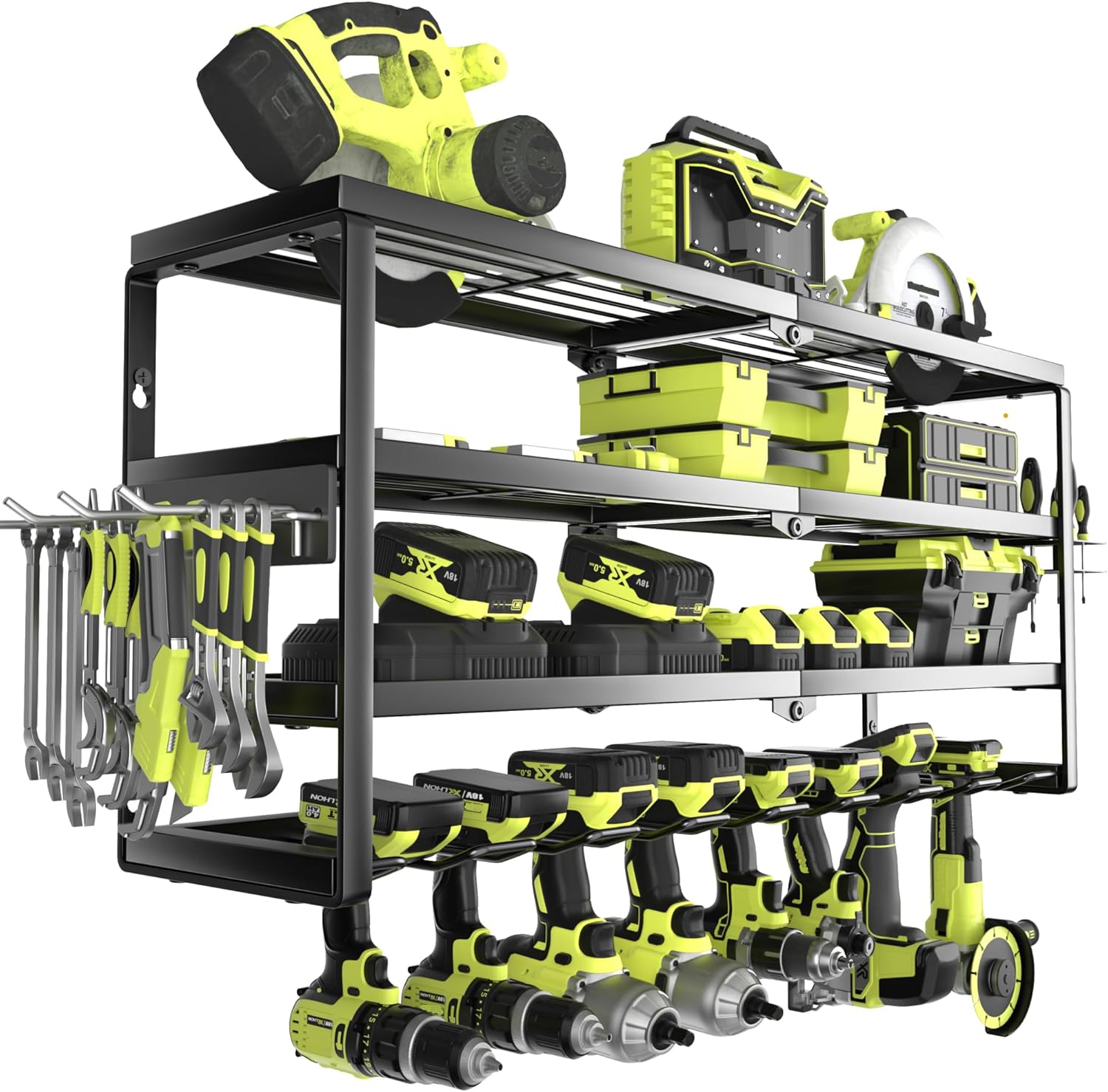 Power Tools Toolstation - ที่แขวนเครื่องมือไฟฟ้าแบบติดผนัง 4 ชั้น พร้อมแท่นชาร์จ, ที่เก็บแบตเตอรี่และที่ยึดสว่านไร้สายสำหรับงานหนัก สำหรับโรงรถ
