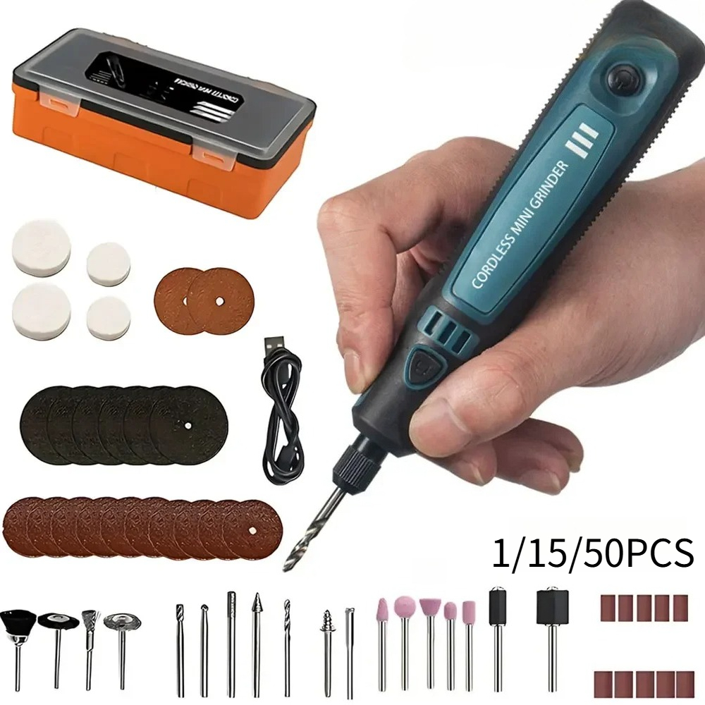 Power Tools Kits - เครื่องเจียรไฟฟ้าไร้สายแบบ USB ชุดเครื่องมือแกะสลักแบบพกพา 1/15/50 ชิ้น สำหรับขัดหยก